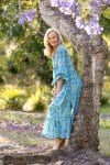 Womens, midi | maxi, Rowena Dress, with sleeves, 100% Cotton, hand block print. Soft Oceanic Blue - Amara