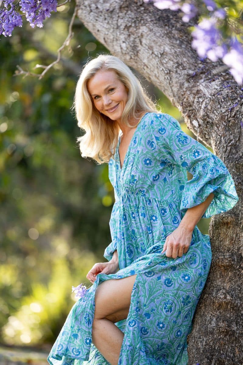 Womens, midi | maxi, Rowena Dress, with sleeves, 100% Cotton, hand block print. Soft Oceanic Blue - Amara