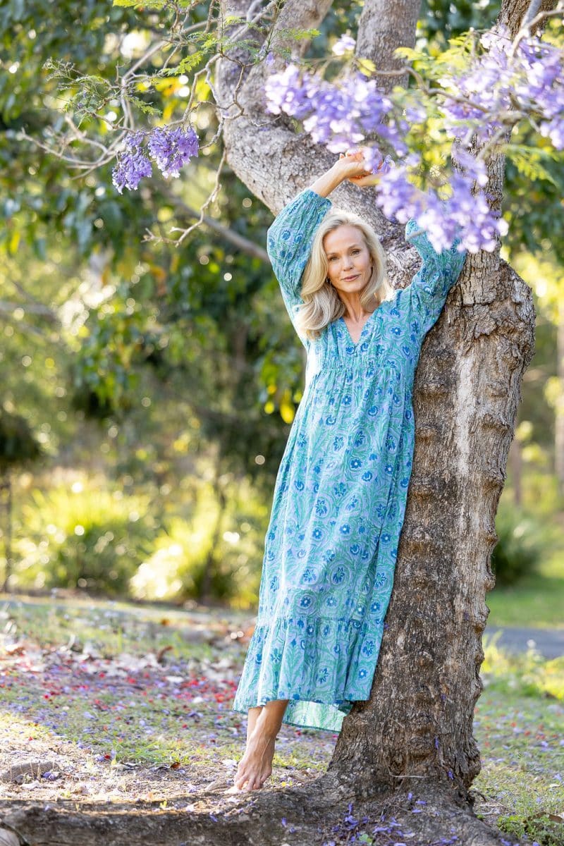 Womens, midi | maxi, Rowena Dress, with sleeves, 100% Cotton, hand block print. Soft Oceanic Blue - Amara