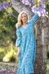 Womens, midi | maxi, Rowena Dress, with sleeves, 100% Cotton, hand block print. Soft Oceanic Blue - Amara