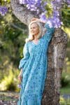 Womens, midi | maxi, Rowena Dress, with sleeves, 100% Cotton, hand block print. Soft Oceanic Blue - Amara