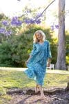 Womens, midi | maxi, Rowena Dress, with sleeves, 100% Cotton, hand block print. Soft Oceanic Blue - Amara