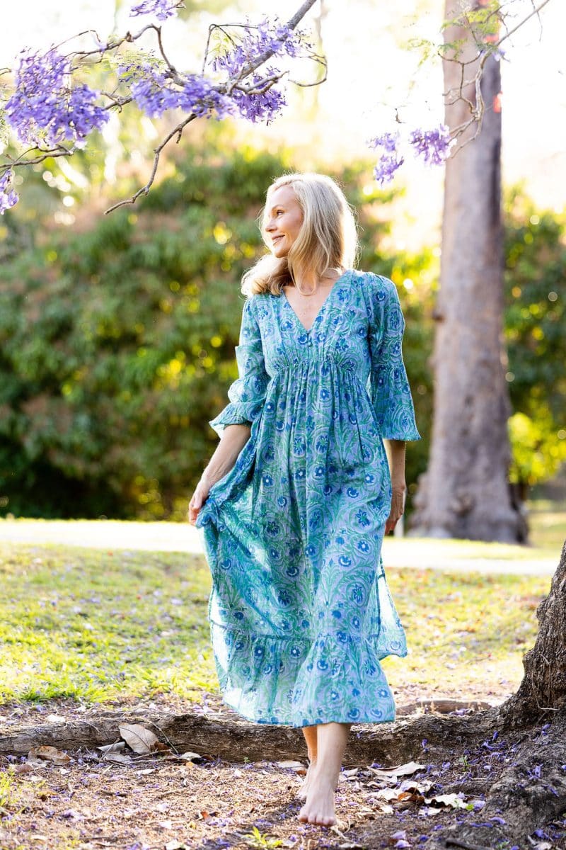Womens, midi | maxi, Rowena Dress, with sleeves, 100% Cotton, hand block print. Soft Oceanic Blue - Amara