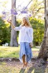 Womens, CocoSkirt & Dove blouse with 7/8 blouson sleeve, 100% cotton. Pure, Serene Blue Floressa & White