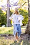 Womens, CocoSkirt & Dove blouse with 7/8 blouson sleeve, 100% cotton. Pure, Serene Blue Floressa & White