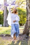 Womens, CocoSkirt & Dove blouse with 7/8 blouson sleeve, 100% cotton. Pure, Serene Blue Floressa & White