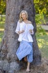 Womens, CocoSkirt & Dove blouse with 7/8 blouson sleeve, 100% cotton. Pure, Serene Blue Floressa & White
