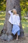 Womens, CocoSkirt & Dove blouse with 7/8 blouson sleeve, 100% cotton. Pure, Serene Blue Floressa & White
