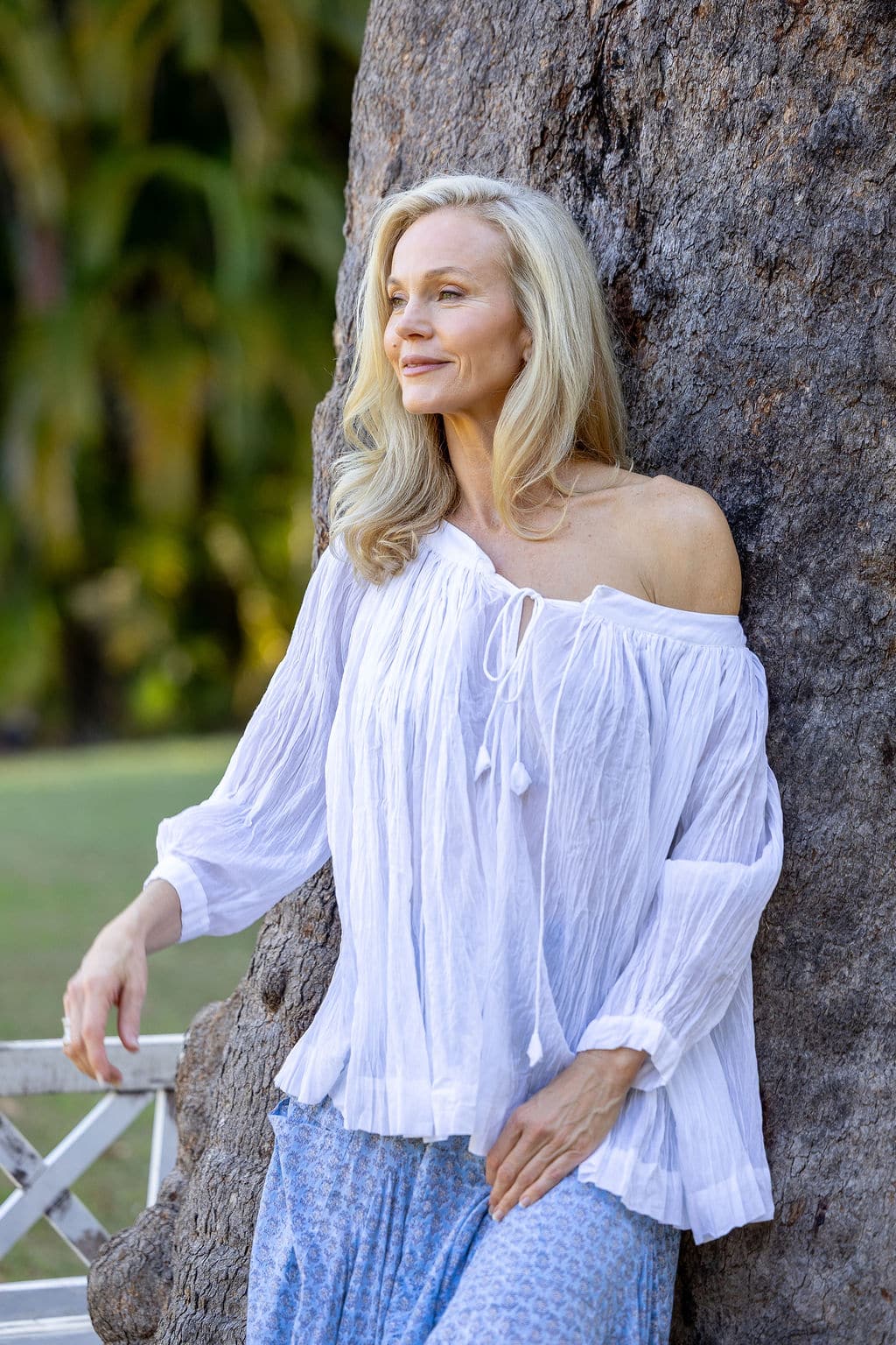 Dove Blouse – White Womens, Dove blouse, 7/8 blouson sleeve, 100% cotton. Pure, Serene - White