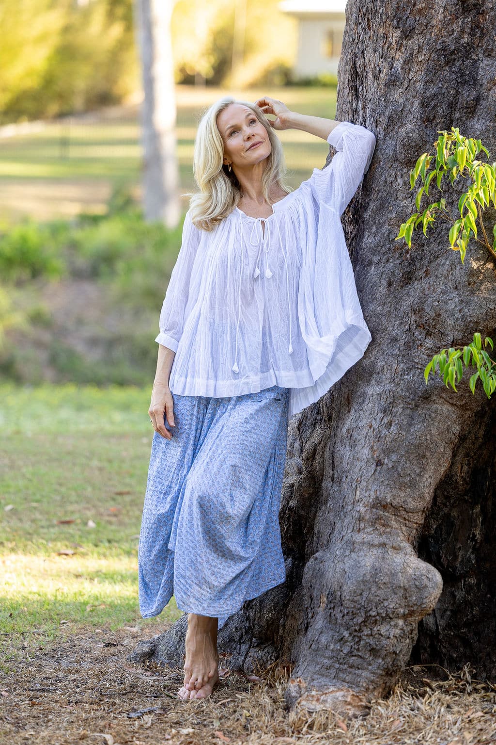 Coco Skirt – Floressa | Dove Blouse – White0M3A9347 Womens, CocoSkirt & Dove blouse with 7/8 blouson sleeve, 100% cotton. Pure, Serene Blue Floressa & White