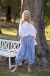 Womens, CocoSkirt & Dove blouse with 7/8 blouson sleeve, 100% cotton. Pure, Serene Blue Floressa & White