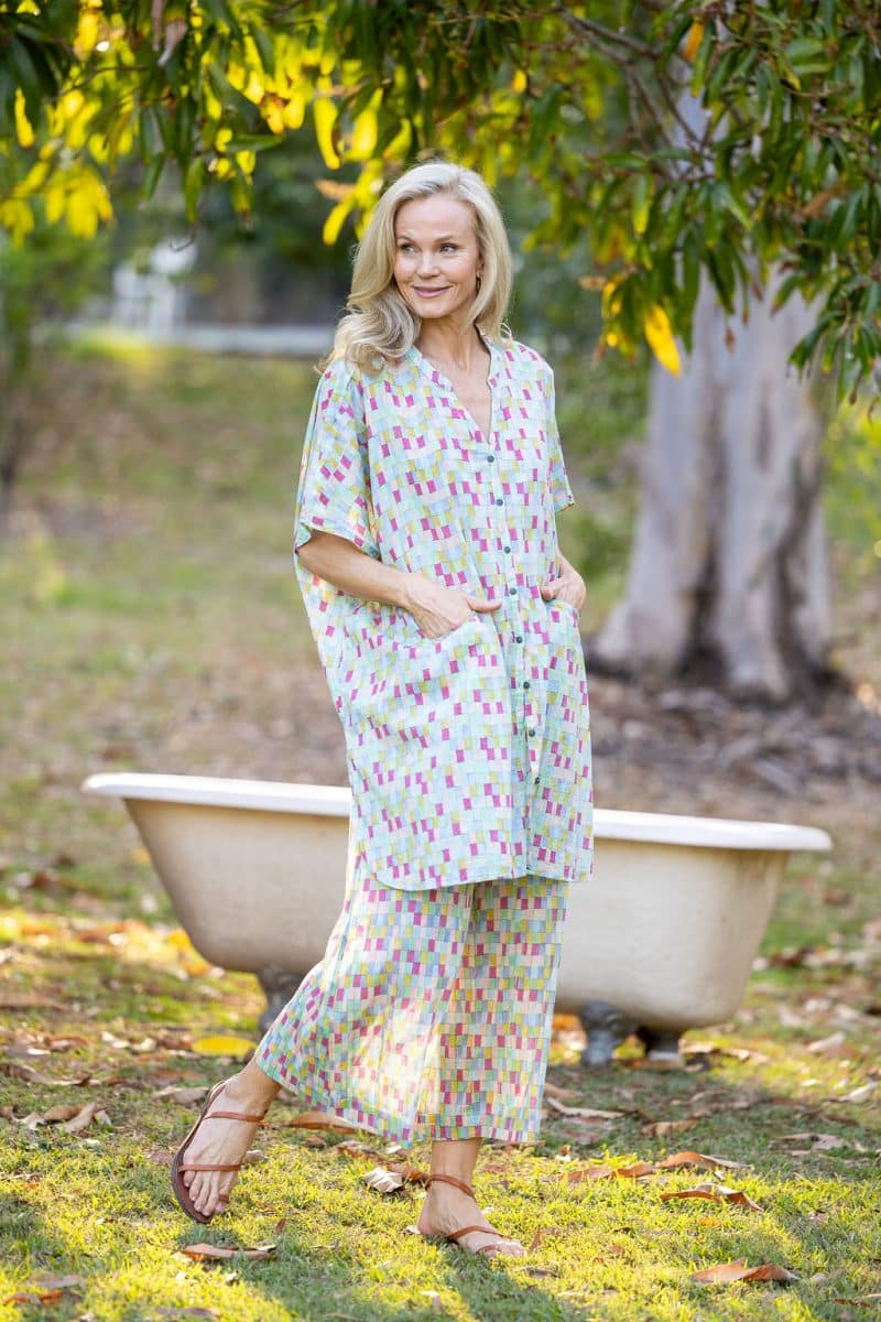 Womens, Element Collage, Pants & long blouse. 100% cotton, hand block print. In cool soft Sorbetto print.