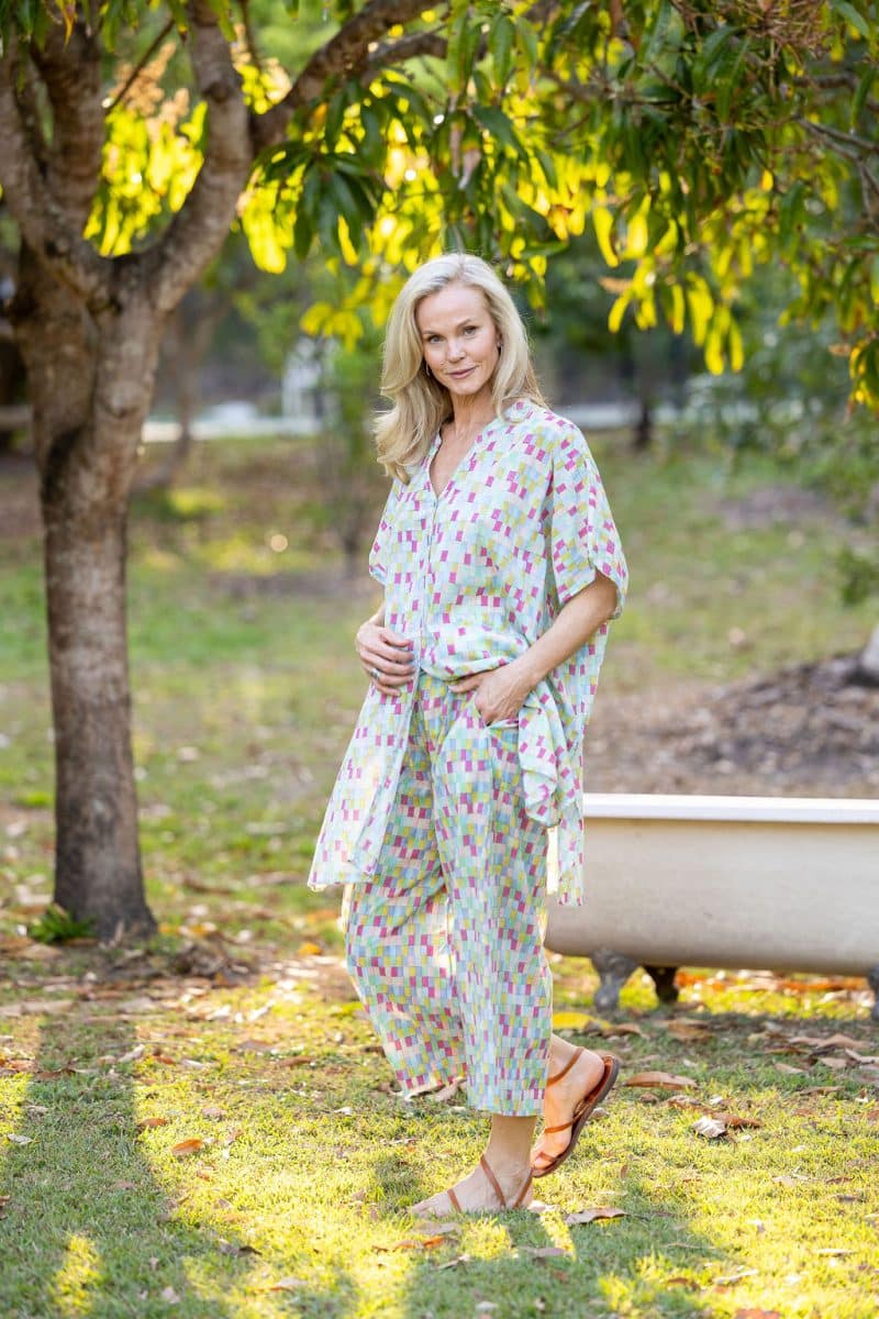 Womens, Element Collage, Pants & long blouse. 100% cotton, hand block print. In cool soft Sorbetto print.