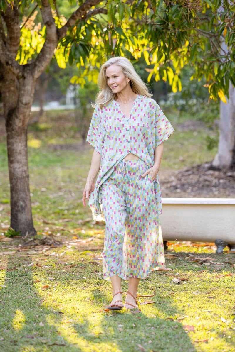 Womens, Element Collage, Pants & long blouse. 100% cotton, hand block print. In cool soft Sorbetto print.