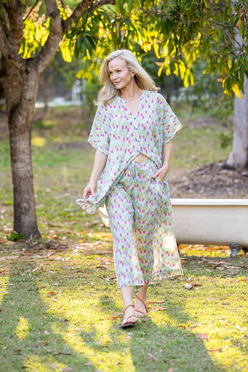 Womens, Element Collage, Pants & long blouse. 100% cotton, hand block print. In cool soft Sorbetto print.