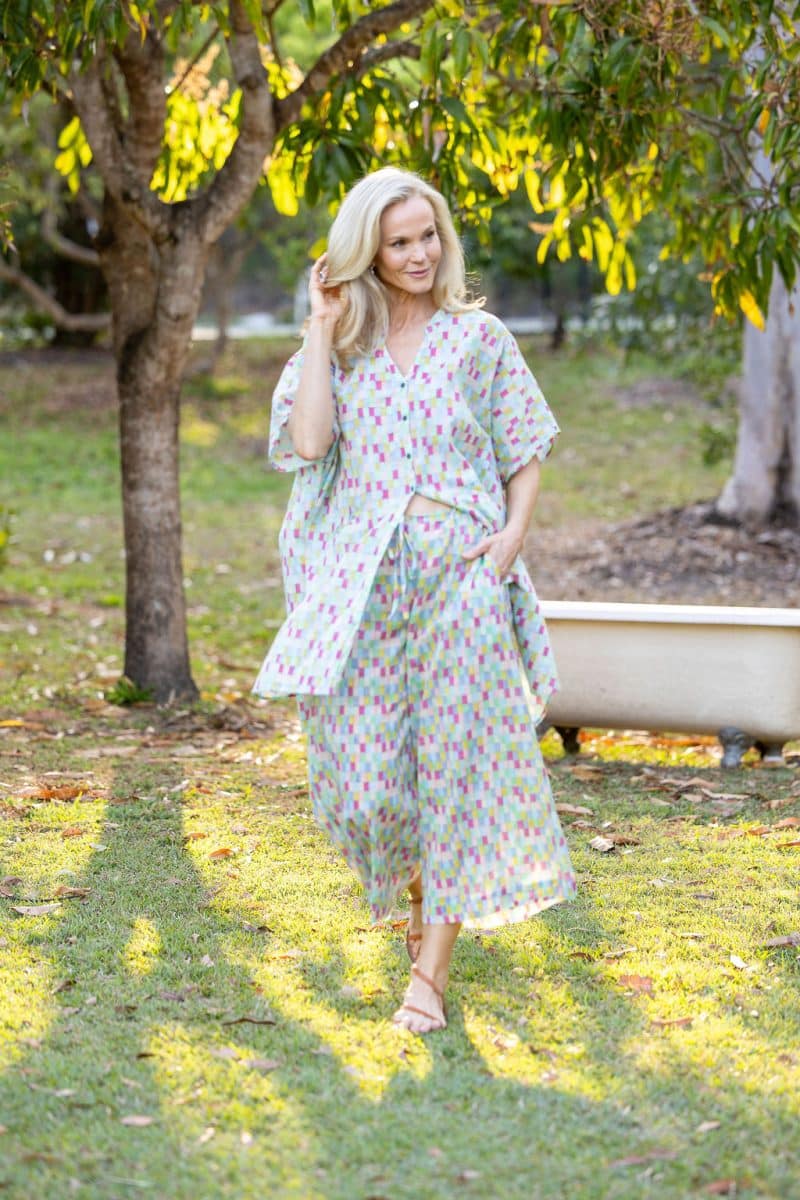 Womens, Element Collage, Pants & long blouse. 100% cotton, hand block print. In cool soft Sorbetto print.