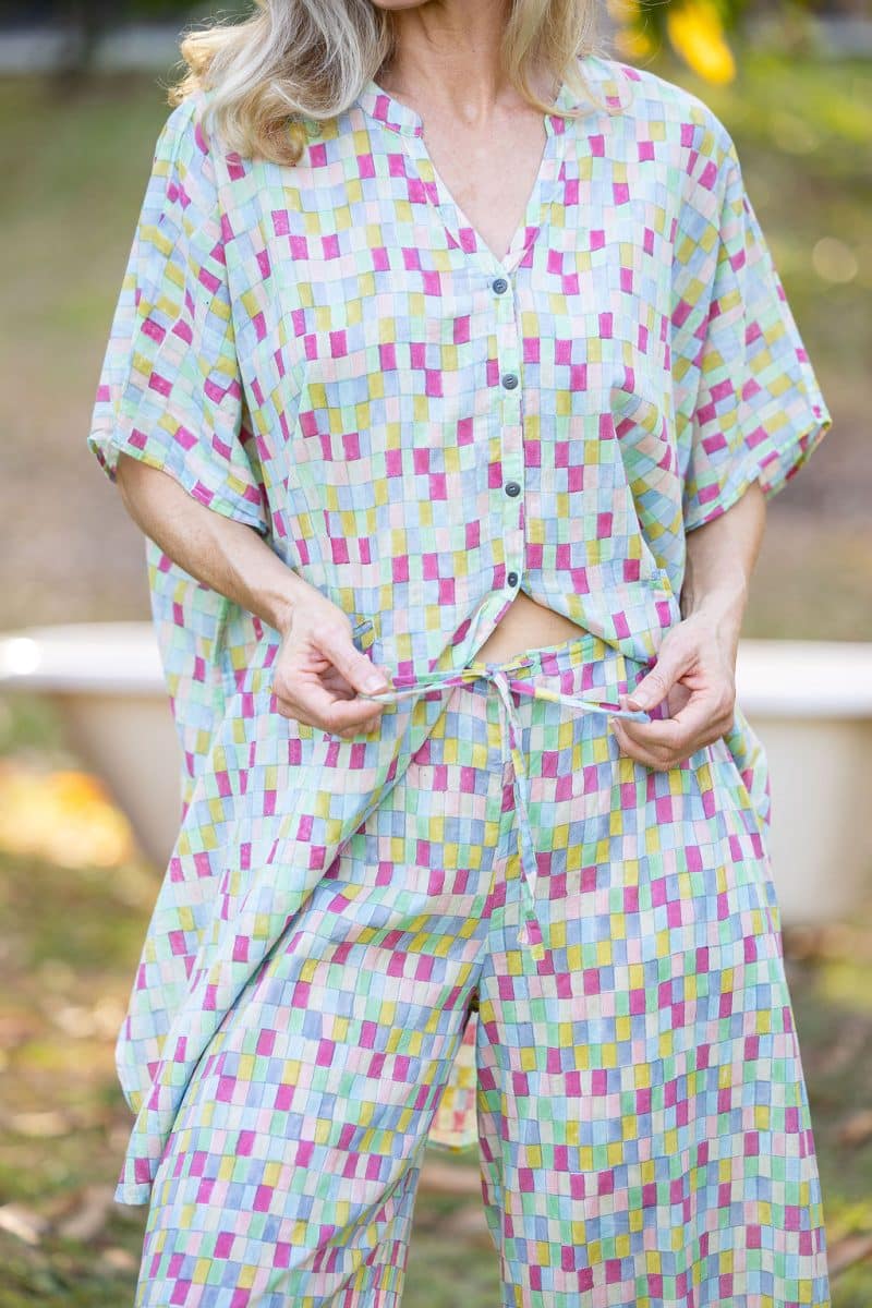 Womens, Element Collage, Pants & long blouse. 100% cotton, hand block print. In cool soft Sorbetto print.