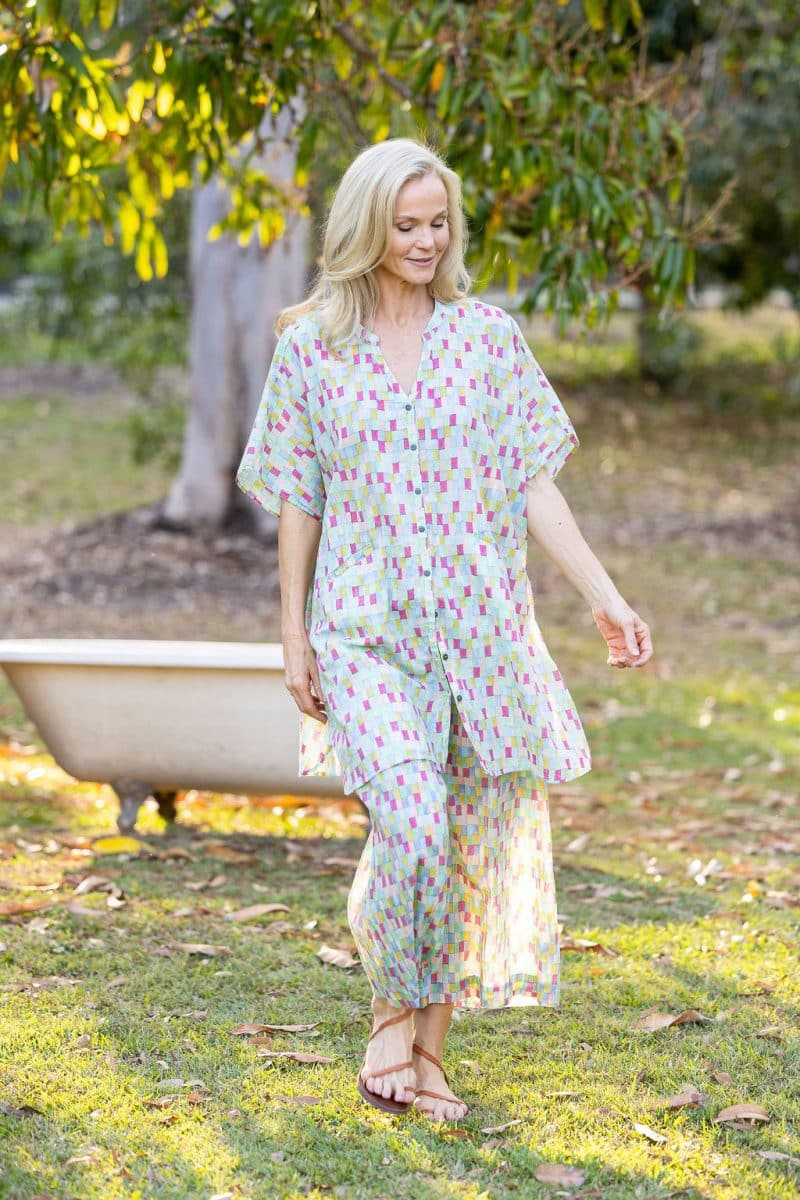 Womens, Element Collage, Pants & long blouse. 100% cotton, hand block print. In cool soft Sorbetto print.