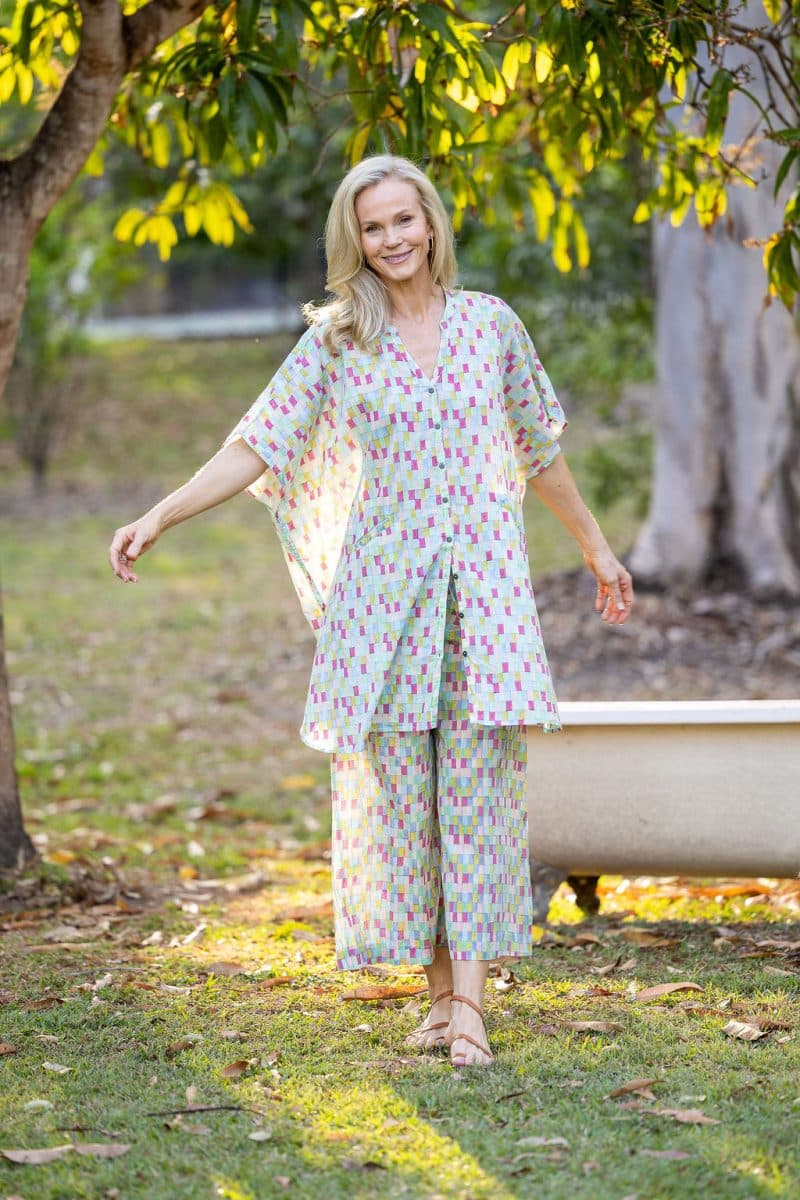 Womens, Element Collage, Pants & long blouse. 100% cotton, hand block print. In cool soft Sorbetto print.