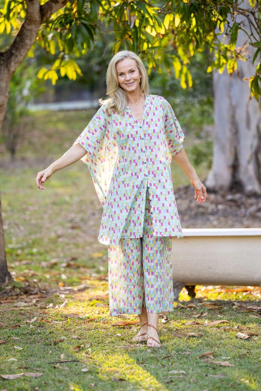 Womens, Element Collage, Pants & long blouse. 100% cotton, hand block print. In cool soft Sorbetto print.