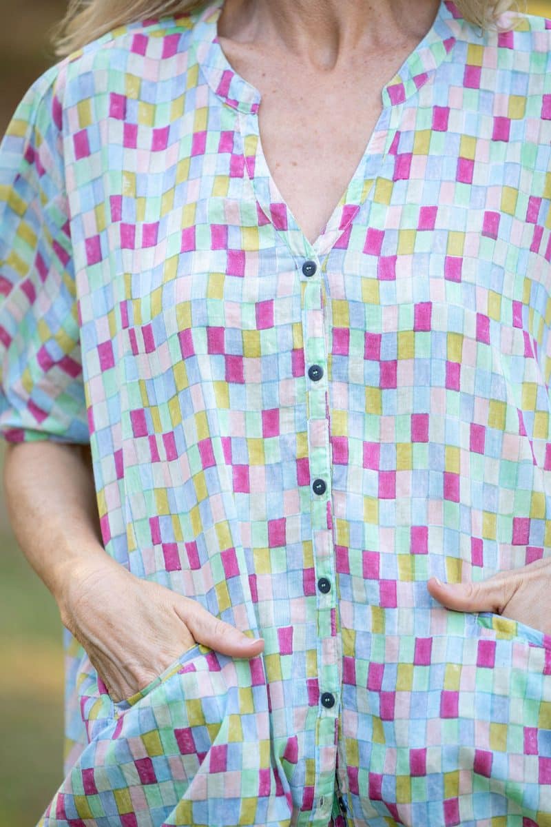 Womens, Element Collage, Pants & long blouse. 100% cotton, hand block print. In cool soft Sorbetto print.