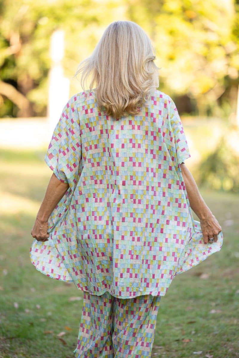 Womens, Element Collage, Pants & long blouse. 100% cotton, hand block print. In cool soft Sorbetto print.