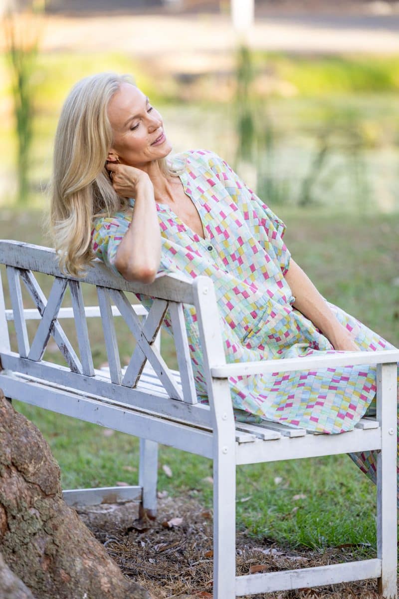 Womens, Element Collage, Pants & long blouse. 100% cotton, hand block print. In cool soft Sorbetto print.