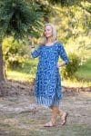 Womens, midi, Alakiki dress, sleeves, 100% Cotton, hand block print.In natural Indigo Suri print.