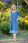 Womens, midi, Alakiki dress, sleeves, 100% Cotton, hand block print.In natural Indigo Suri print.