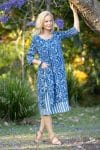 Womens, midi, Alakiki dress, sleeves, 100% Cotton, hand block print.In natural Indigo Suri print.