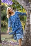 Womens, midi, Alakiki dress, sleeves, 100% Cotton, hand block print.In natural Indigo Suri print.