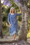 Womens, midi, Alakiki dress, sleeves, 100% Cotton, hand block print.In natural Indigo Suri print.