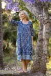 Womens, midi, Alakiki dress, sleeves, 100% Cotton, hand block print.In natural Indigo Suri print.