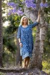 Womens, midi, Alakiki dress, sleeves, 100% Cotton, hand block print.In natural Indigo Suri print.