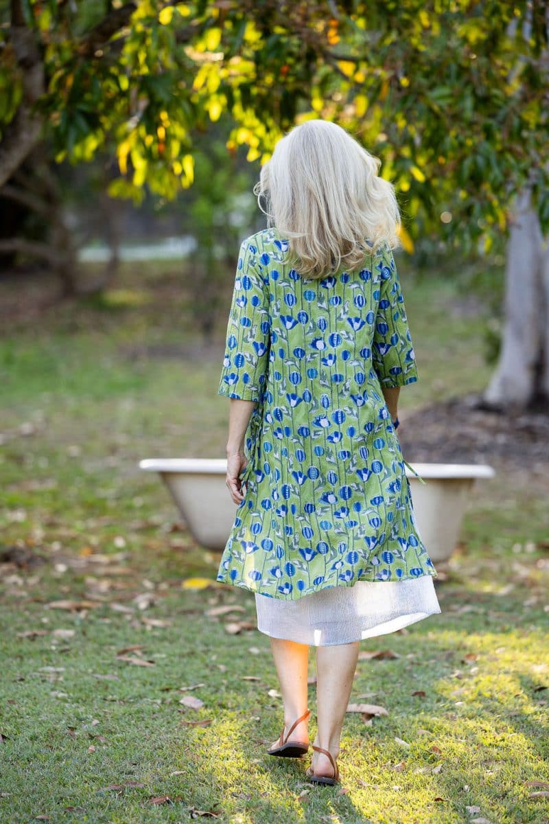 Womens, midi, Alakiki dress, sleeves, 100% Cotton, hand block print. In Summer Green - Verde.