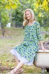 Womens, midi, Alakiki dress, sleeves, 100% Cotton, hand block print. In Summer Green - Verde.