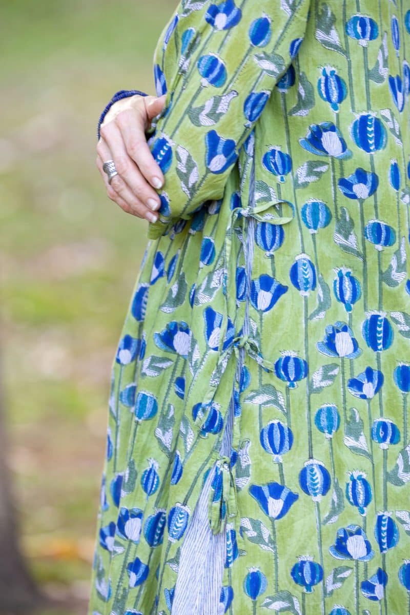 Womens, midi, Alakiki dress, sleeves, 100% Cotton, hand block print. In Summer Green - Verde.