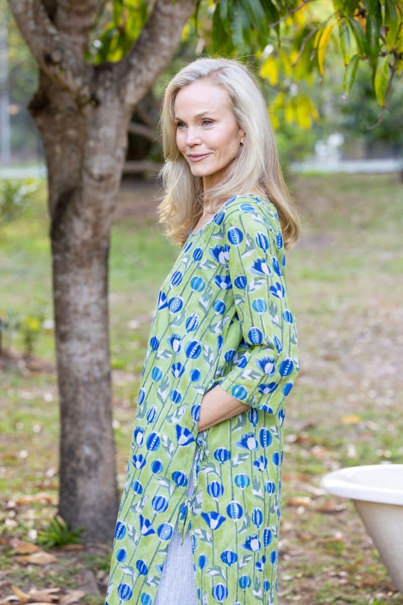 Womens, midi, Alakiki dress, sleeves, 100% Cotton, hand block print. In Summer Green - Verde.