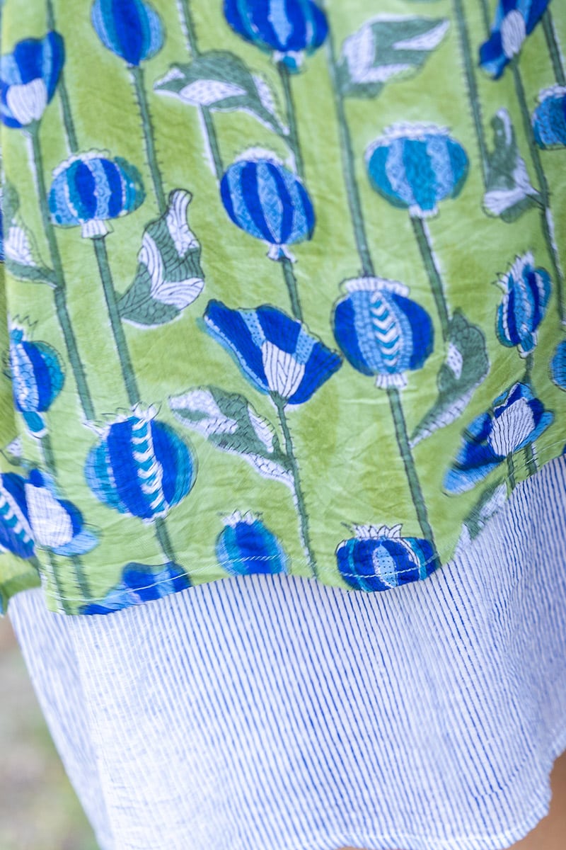 Womens, midi, Alakiki dress, sleeves, 100% Cotton, hand block print. In Summer Green - Verde.