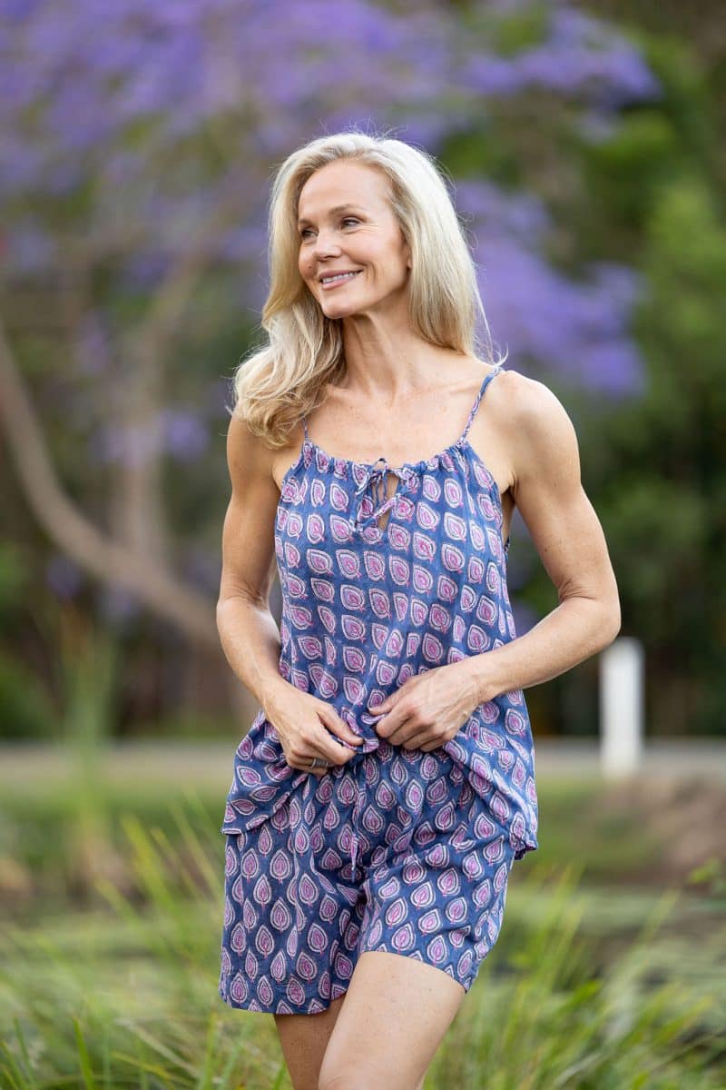 Womens,Luma Set, Shorts and Top. 100% cotton, hand block print. In Lavender Pink - Anjali print.