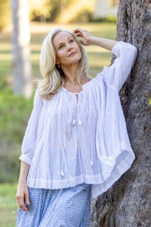 Womens, Dove blouse, 7/8 blouson sleeve, 100% cotton. Pure, Serene - White