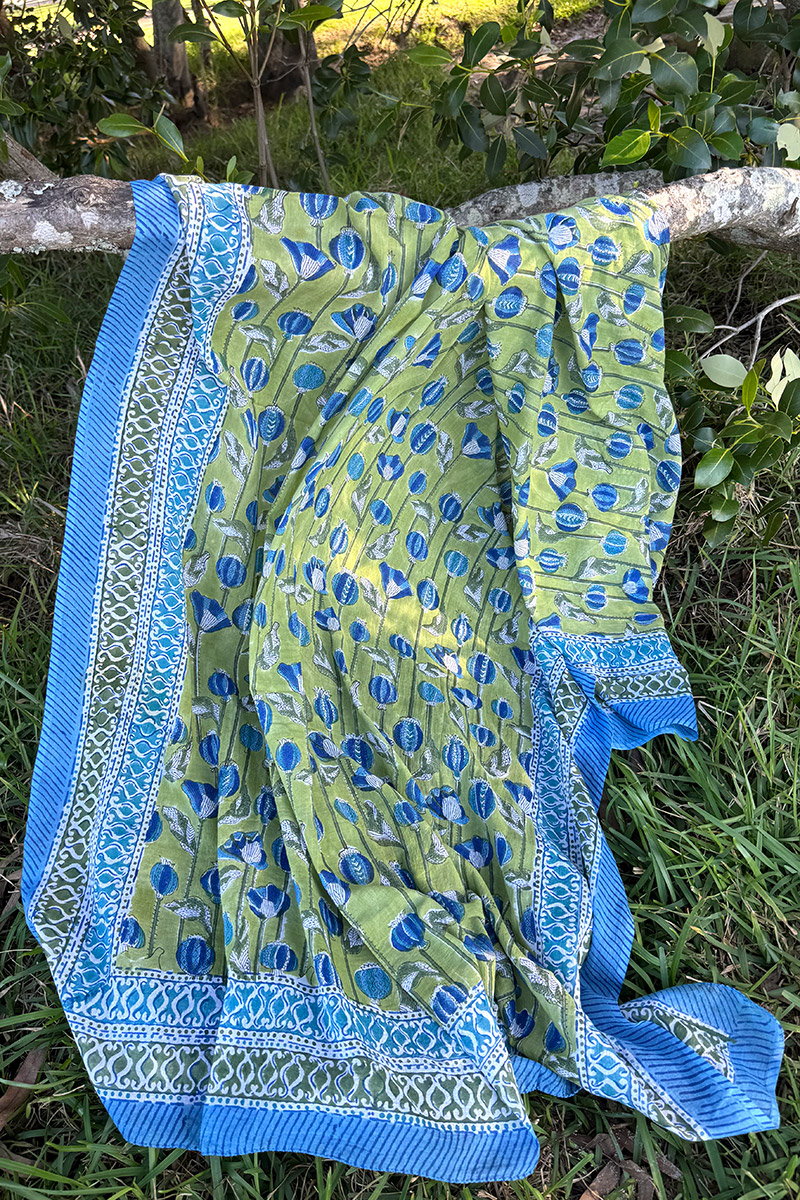 Sarong, 100% Cotton, hand block print. In Summer Green - Verde.
