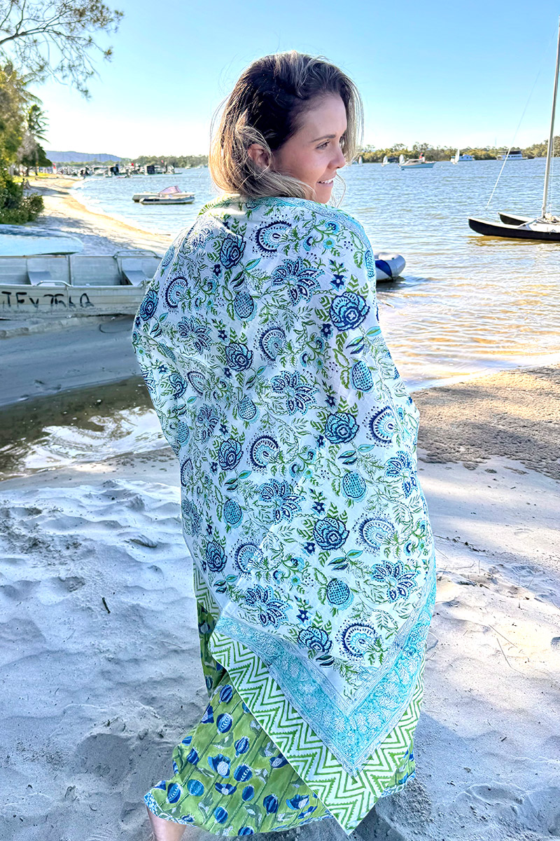 Sarong, 100% Cotton, hand block print. summer blues & greens - Waterleaf.