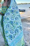 Sarong, 100% Cotton, hand block print. summer blues & greens - Waterleaf.