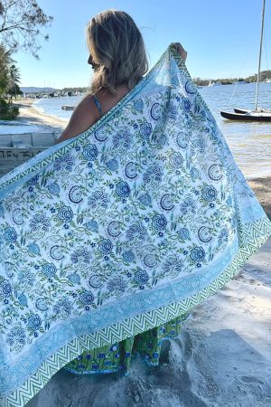 Sarong, 100% Cotton, hand block print. summer blues & greens - Waterleaf.