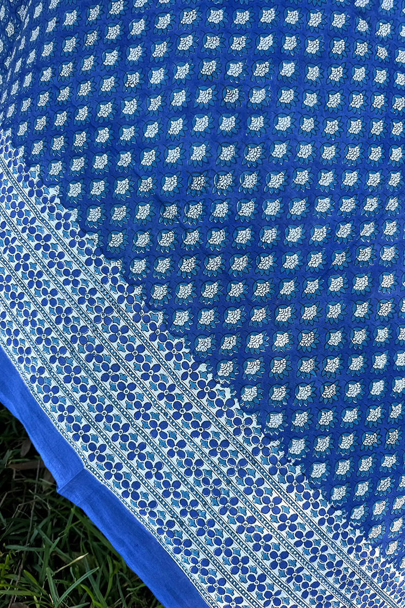 Sarong, 100% Cotton, hand block print. Vibrant blue - Bluebell