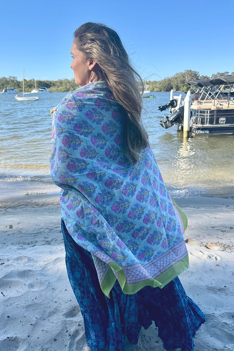 Sarong, 100% Cotton, hand block print. In soft Mist Flower print.