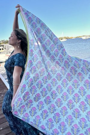 Sarong, 100% Cotton, hand block print. In soft Mist Flower print.