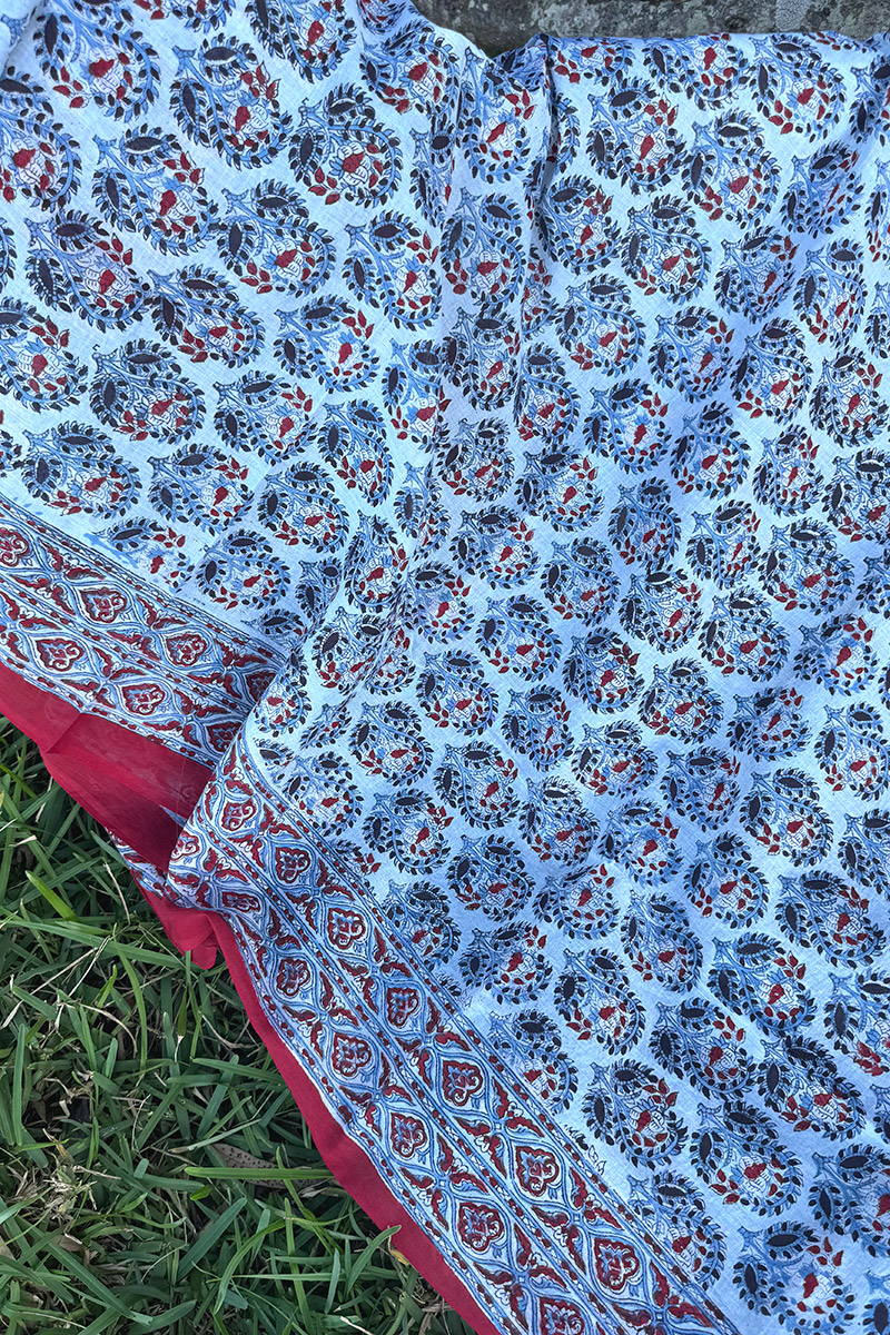 Sarong, 100% Cotton, hand block print. In saphire blue with a pop of red - Saphira