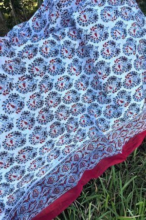 Sarong, 100% Cotton, hand block print. In saphire blue with a pop of red - Saphira
